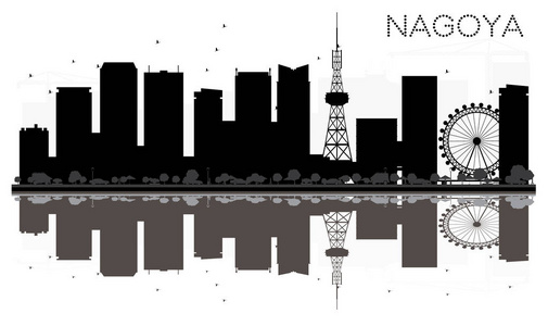名古屋市黑色和白色的天际线轮廓与思考矢量的美国城市天际线集合