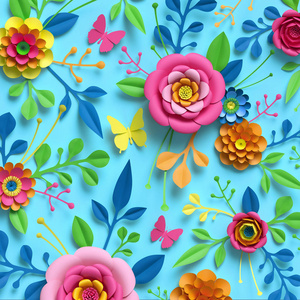 3d 渲染, 工艺纸花, 花卉图案, 植物装饰品, 明亮的糖果颜色, 自然剪贴画在天空蓝色背景, 装饰点缀