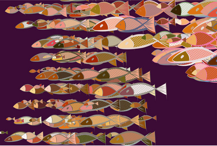 彩色鱼插图背景, 手绘。概念, 集合, c
