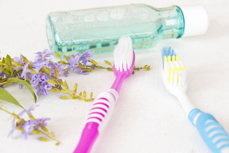 口腔卫生保健用牙刷漱口水和紫色花白色