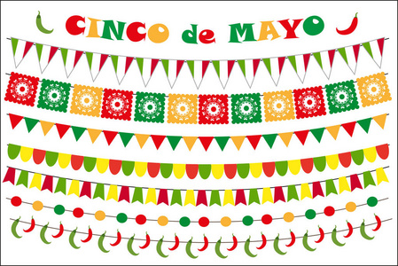 Cinco de Mayo 庆祝集彩旗 花环 彩旗。平面样式，孤立的白色背景上。矢量图，剪贴画