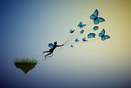 男孩抱着一群蓝蝴蝶, 飞离了小岛, 童话人物, 生活在梦幻飞扬的岩石上