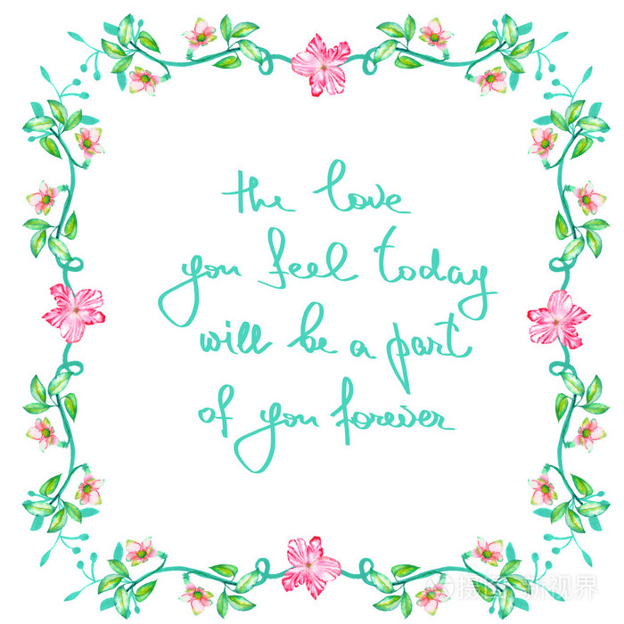 框架的边框,水彩花卉,花卉装饰点缀树叶和树枝的婚礼