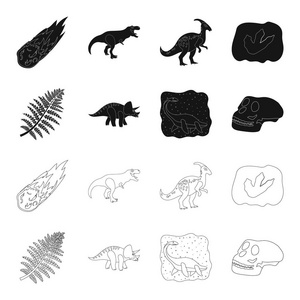 海恐龙, 三角, 史前植物, 人类头骨。恐龙和史前时期集集合图标为黑色, 轮廓样式矢量符号股票插画网站