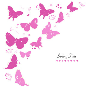 粉红色的蝴蝶设计和抽象鲜花春天时间贺卡矢量背景