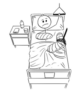 男子或商人的动画片, 腿和胳膊断了, 躺在医院的床上照片