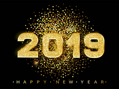 贺卡的金数设计.金色闪光图案.新年快乐横幅与2019数字在明亮的背景.
