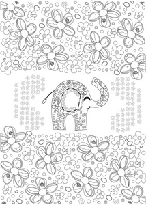成人 手画的大象，花放松和冥想矢量着色书页