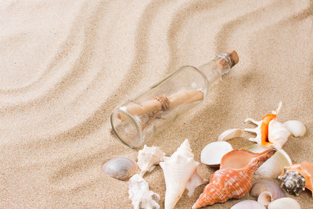 在海滩上的瓶子留言。夏天背景与热的沙子