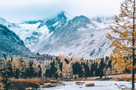 山湖以反射在岩石的镜子表面在多云阴雨天气在秋天。这个山地国家的美丽, 秋天的自然