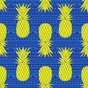 Vectorblue 蓝色和黄色部落菠萝条纹无缝图案背景