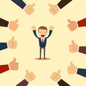 愉快和骄傲的商人与许多赞许的手在他附近照片