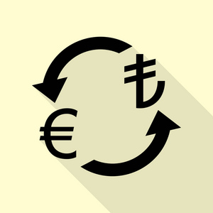 货币汇率的标志。欧元和土耳其里拉。与平面样式阴影路径奶油背景上的黑色图标