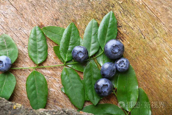 绿色的叶子木制的桌子特写镜头上的新鲜蓝莓