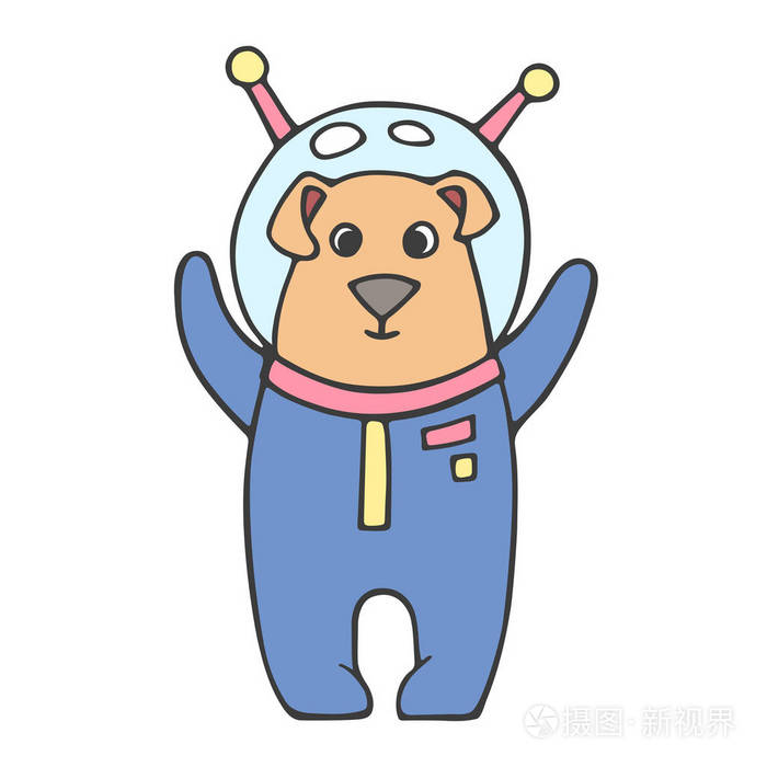 滑稽的狗宇航员在空间隔绝了在白色背景向量例证斯堪的纳维亚风格的