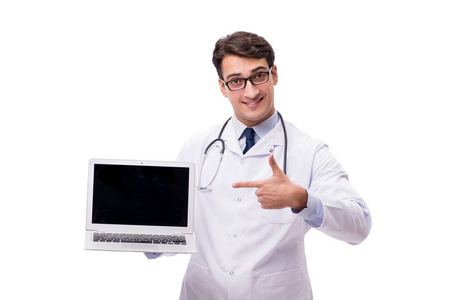 医生与孤立的白色背景上的笔记本电脑