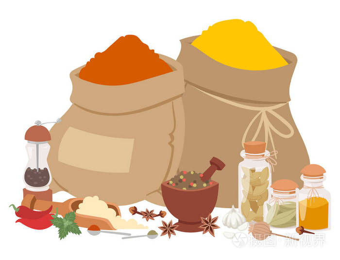 调味食品草本天然健康香料调味品有机蔬菜载体成分插画-正版商用图片0
