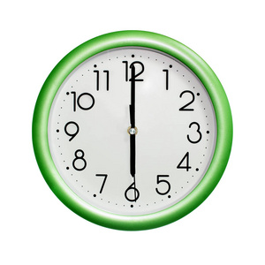 六点, 相片圈子绿色墙壁时钟, 在白色背景, 隔绝