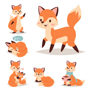 狐狸字符做不同的狡猾的活动滑稽快乐自然红色尾巴和野生动物橙森林动物风格图形矢量插图