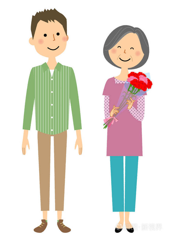 母亲节, 父母和孩子/这是一个母亲在母亲节得到一束康乃馨的例证