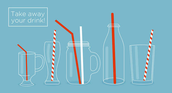 用于饮料的眼镜和瓶子的矢量插图集。罐子, 杯子和杯子用吸管。用于 printables 菜单设计的果汁酒吧