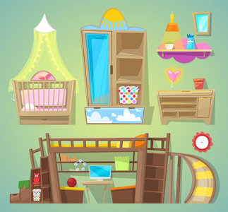 游戏室矢量儿童家具床在家具的室内 babyroom 插图套装家庭儿童房的陈设设计在后台隔离