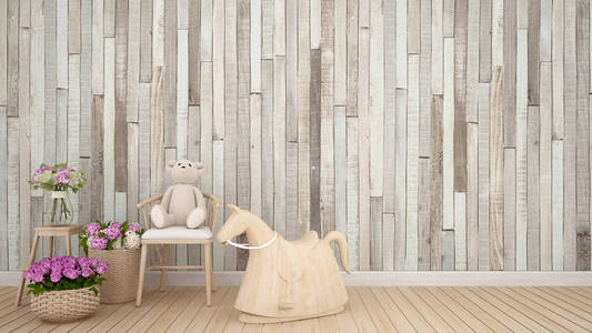 玩具熊在椅子和摇摆马在孩子房间或托儿所室内设计3d 渲染