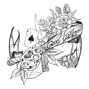 匕首, 黄铜关节, 棒球棍和王牌的黑桃轮廓画着色或纹身照片