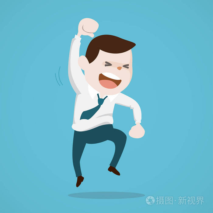 快乐开朗的商人跳在空中庆祝他的成功, 矢量插画