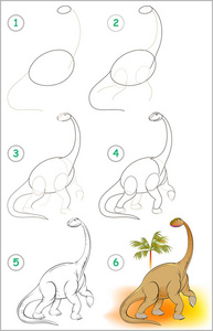 页面显示如何逐步学习绘制可爱的恐龙。培养儿童绘画和着色技能。矢量图像