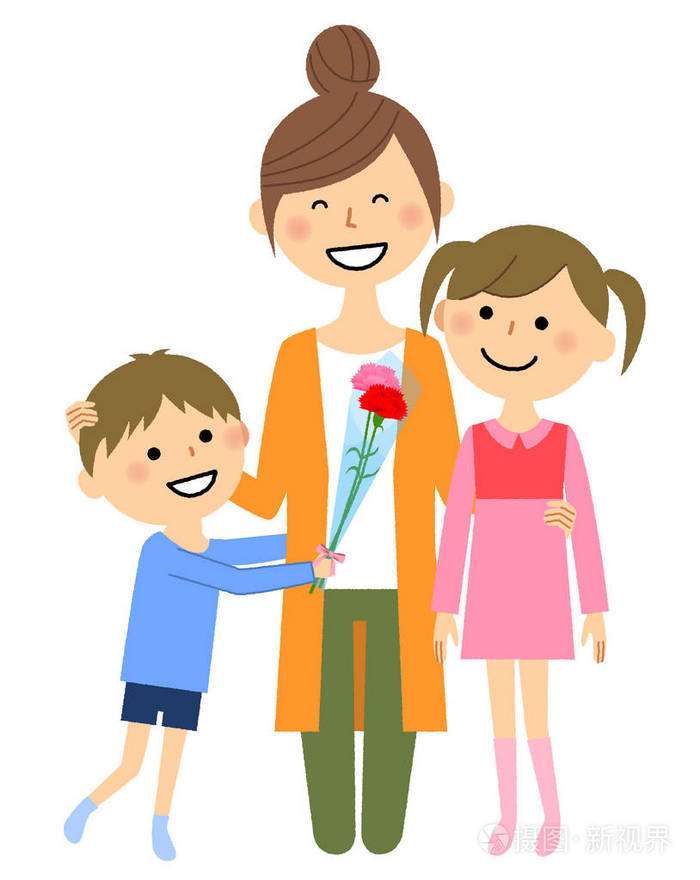 母亲节, 父母和孩子/这是一个母亲在母亲节得到一束康乃馨的例证插画