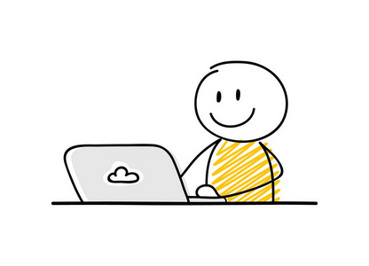 滑稽的商人卡通 stickman 在他的笔记本电脑上工作。笑脸表情。向量