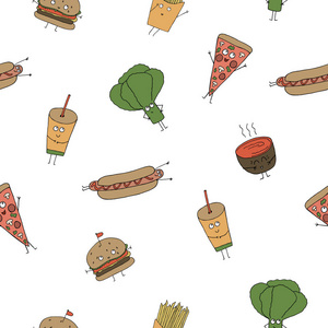 矢量插图。快餐 汉堡, 生菜, 薯条, 热狗, 比萨饼, 汤和汽水。卡通画。无缝图案元素