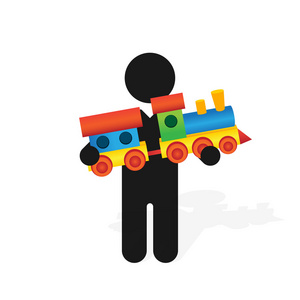 图男人握儿童彩色玩具火车车厢
