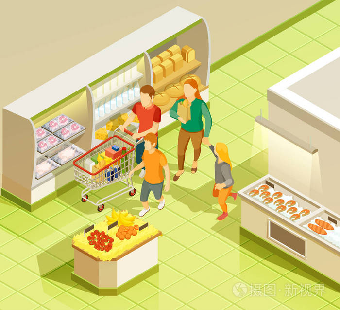 家庭食品杂货店购物超市等轴视图