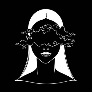 蛾眉月亮她脸上飘着云彩的美丽女孩.女性肖像或夜女神.