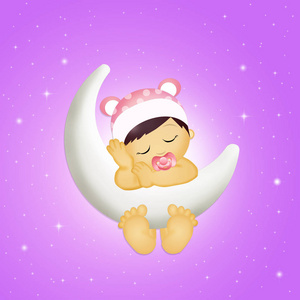 孩子做梦卡通矢量特写睡觉和做梦漂亮宝贝女孩在床上的猫头鹰玩具蹒跚