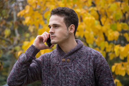 英俊的年轻人站在公园里, 在黄色树叶的背景上谈论智能手机