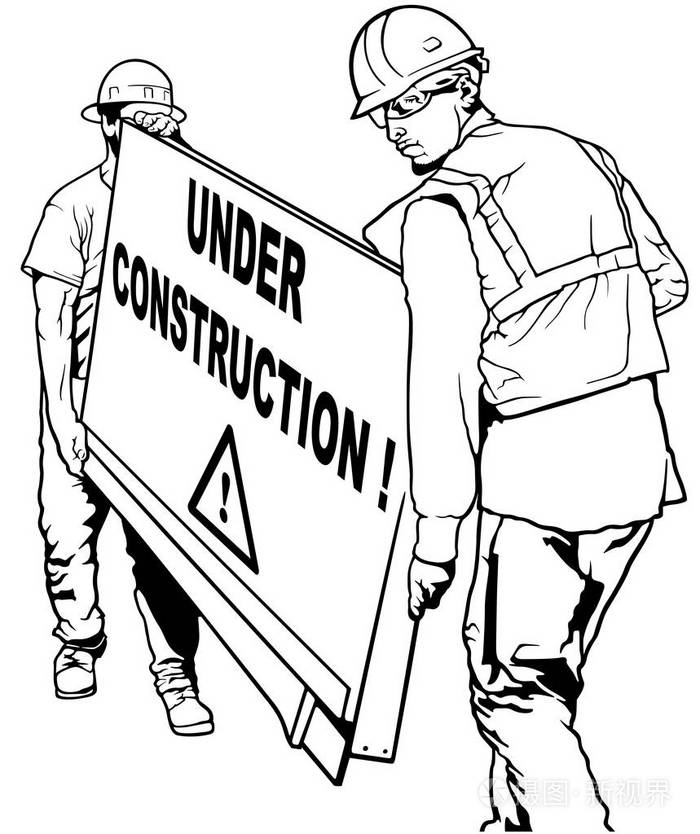 两个建筑工人搬运木板与在建文本-黑白插图, 矢量插画-正版商用图片0