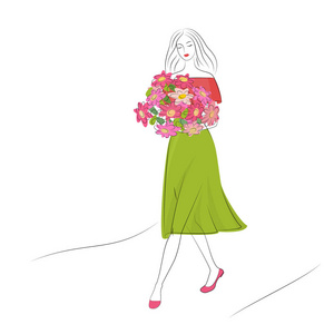 浪漫优雅可爱的女孩与鲜花在粉红色的绿色礼服走在街上。白色背景