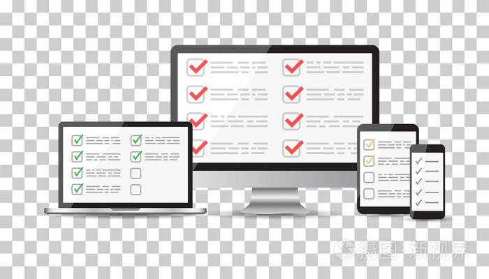 在线调查，核对表集。平板电脑 电脑 手机的空白屏幕。反馈业务概念。平面向量图为移动应用程序的 web 站点