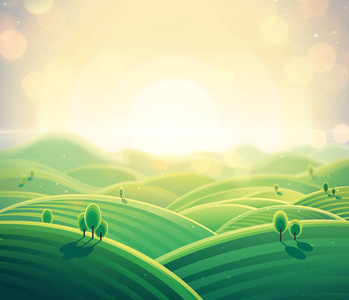 清晨乡村风光的日出越过群山的卡通风格.矢量插图照片