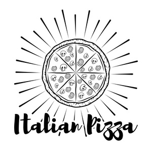 意大利比萨的标签。徽章比萨店。设计元素矢量图。孤立对白色
