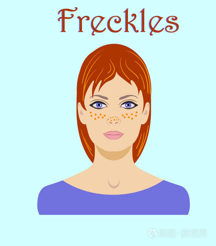 可爱的雀斑 redhaired 年轻女子头像在蓝色背景下隔离