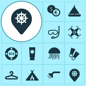 旅游图标设置与水母, 救生圈, 鳍和其他浴室元素。孤立的矢量插图旅游图标