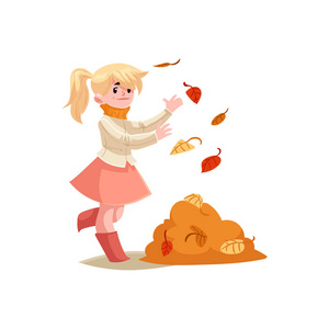 小女孩玩秋天的叶子抛出他们在白色背景孤立。可爱的卡通人物快乐的孩子