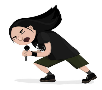 矢量插图滑稽的唱歌摇滚明星.重金属, 带人, 漫画卡通人物黑色.