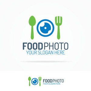 食品照片标志设置与镜头 叉和匙