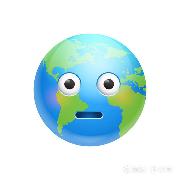 卡通地球脸震撼情感图标有趣的行星表达孤立