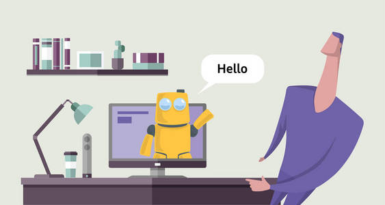友好的机器人从电脑屏幕上与人交谈.chatbot 的谈话.